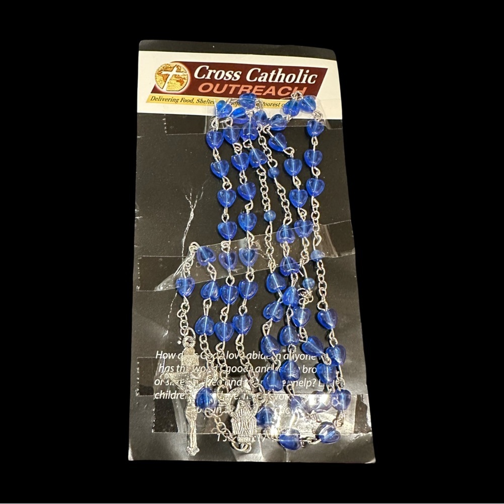 Blue Heart Beaded Rosary with Silver Chain